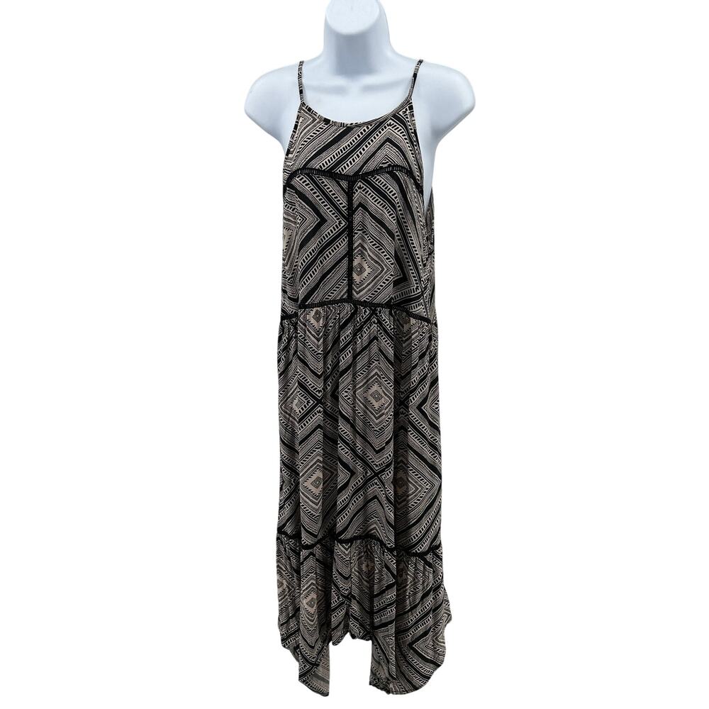 Xhilaration Slip Dress WMNS L Tan Black Geometric Hi Low Hem Strappy Scoop Neck